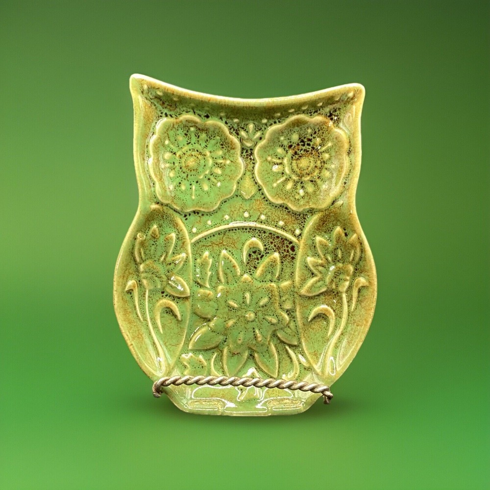 Ceramic Green Woodsy‎ Floral Owl Spoon Rest Cracker Barrel Woodland Embossed
